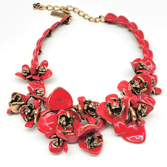 Oscar de la Renta COUTURE red enamel + Swarovski Crystal flower statement piece - Picture 4 of 14